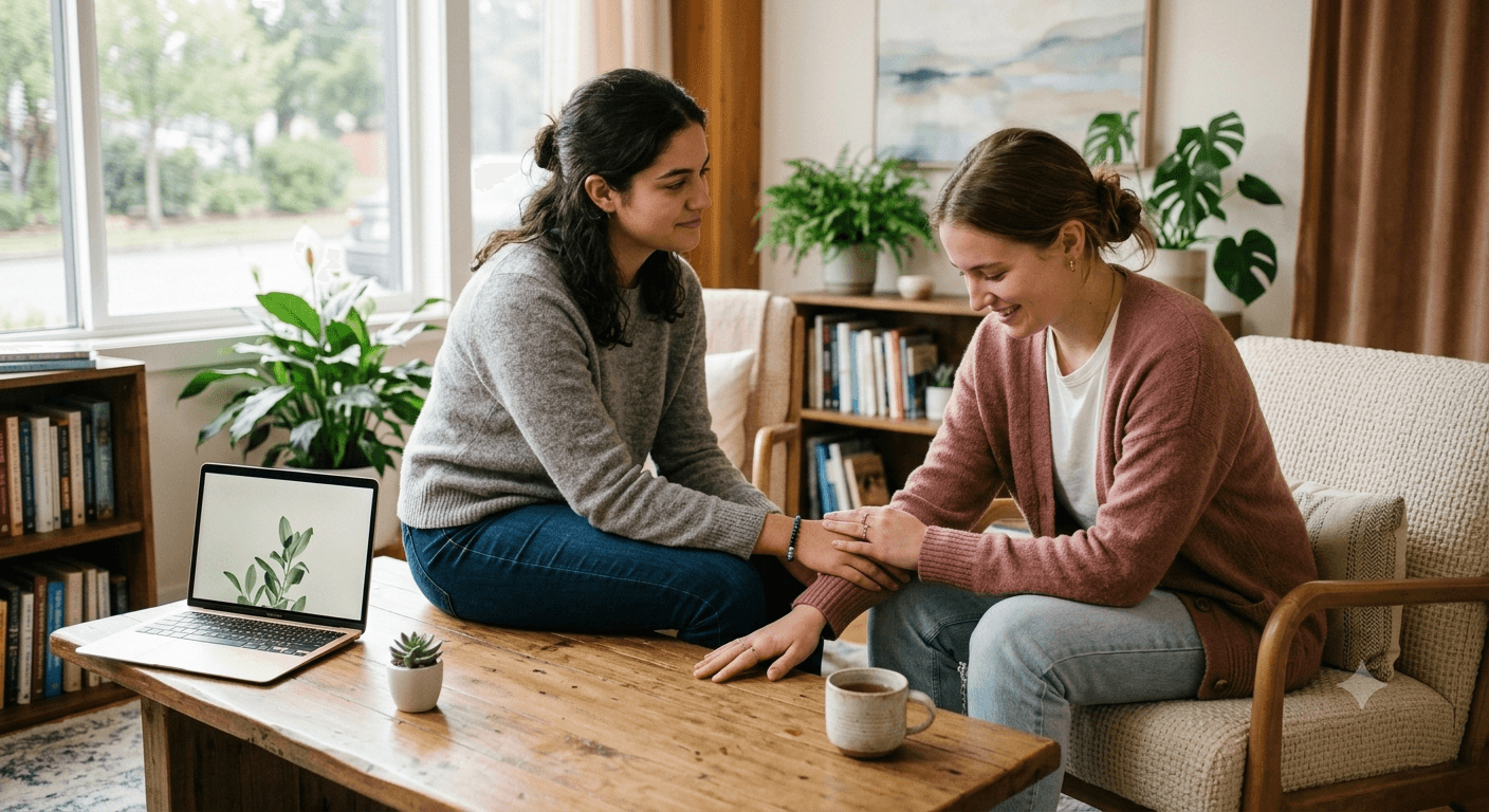 Dos mujeres conversando con calidez en una sesión de acompañamiento