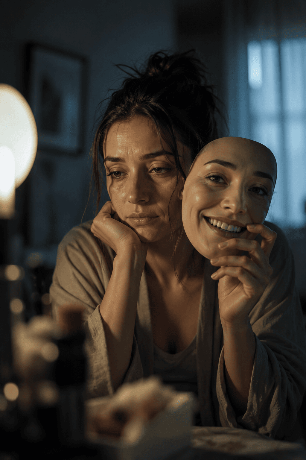 Mujer sosteniendo una máscara sonriente frente a su rostro real