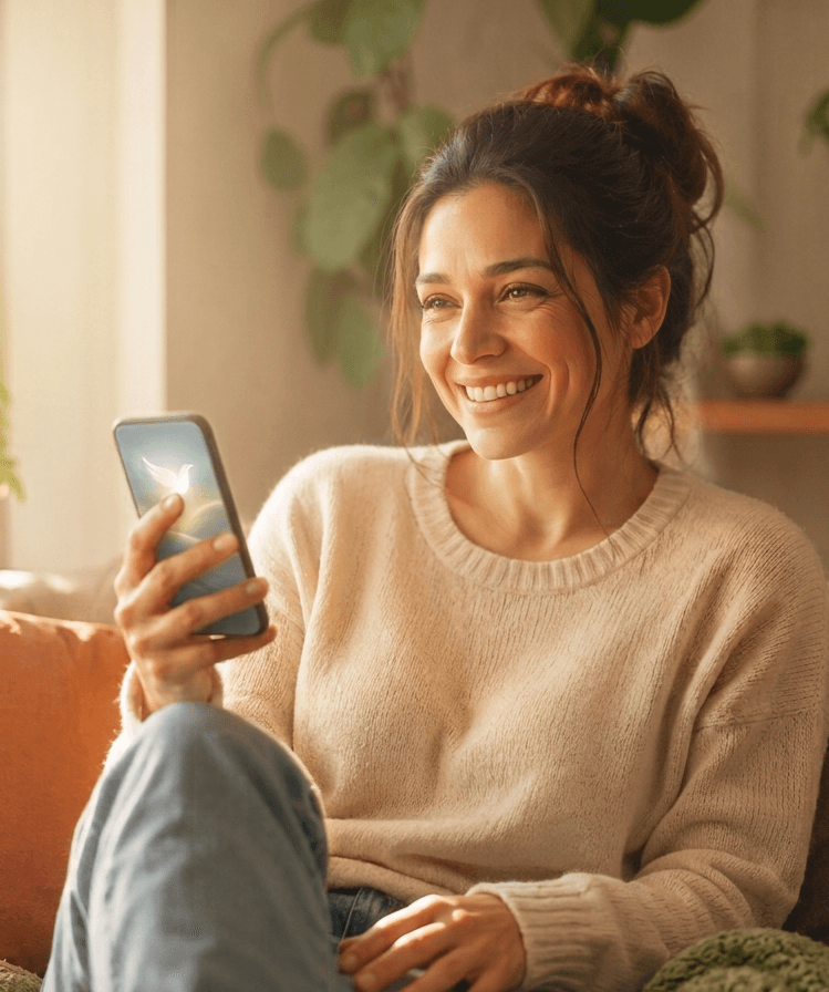 Mujer sonriendo aliviada mientras agenda su llamada desde el celular